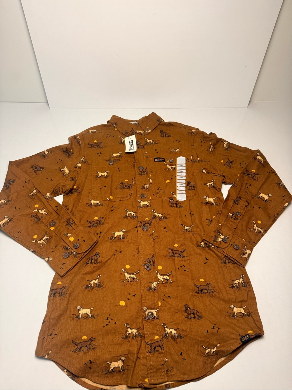 Duluth Trading Co Rust Flannel Shirt with Dog Print